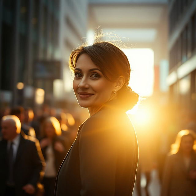 An authentic moment captured in a cinematic shot of a brunette business woman in her 40s, displaying a very subtle smile paired with a hint of surprise on her face