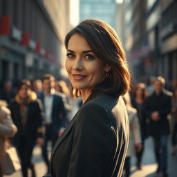 An authentic moment captured in a cinematic shot of a brunette business woman in her 40s, displaying a very subtle smile paired with a hint of surprise on her face