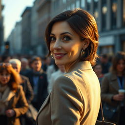 An authentic moment captured in a cinematic shot of a brunette business woman in her 40s, displaying a very subtle smile paired with a hint of surprise on her face