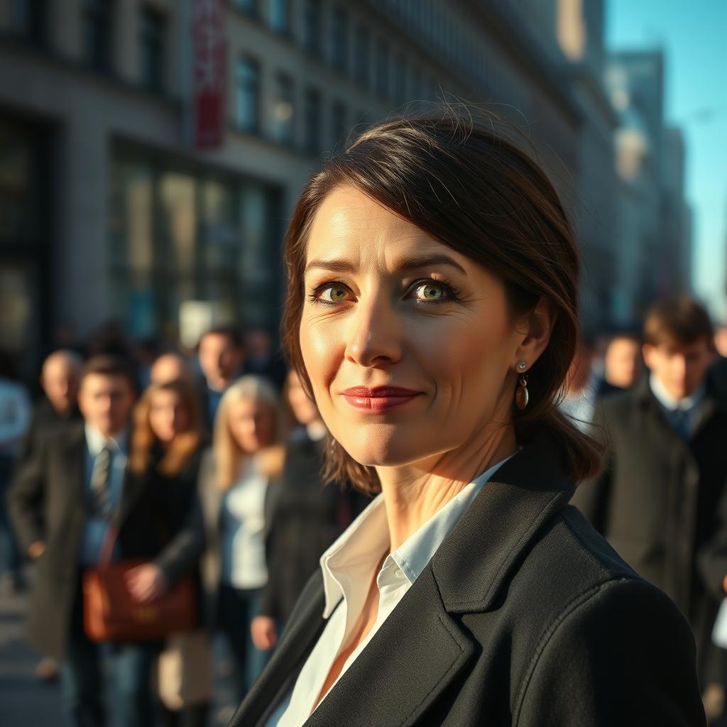 An authentic moment captured in a cinematic shot of a brunette business woman in her 40s, displaying a very subtle smile paired with a hint of surprise on her face