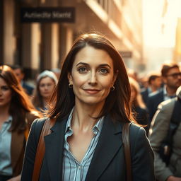 An authentic moment capturing a bustling crowd walking past the camera, centered in the middle of the scene is a brunette business woman in her 40s