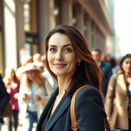 An authentic moment capturing a bustling crowd walking past the camera, centered in the middle of the scene is a brunette business woman in her 40s