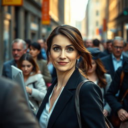 An authentic moment capturing a bustling crowd walking past the camera, centered in the middle of the scene is a brunette business woman in her 40s