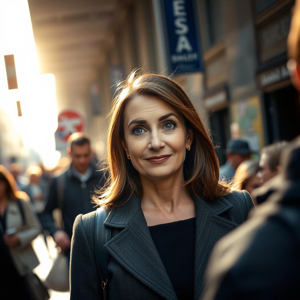 An authentic moment capturing a bustling crowd walking past the camera, centered in the middle of the scene is a brunette business woman in her 40s