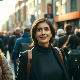 An authentic moment showcasing a bustling crowd walking past the camera, with a brunette business woman in her 40s positioned far away in the middle of the scene