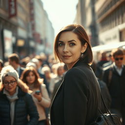 An authentic moment showcasing a bustling crowd walking past the camera, with a brunette business woman in her 40s positioned far away in the middle of the scene