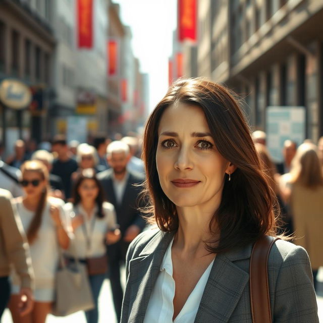 An authentic moment showcasing a bustling crowd walking past the camera, with a brunette business woman in her 40s positioned far away in the middle of the scene