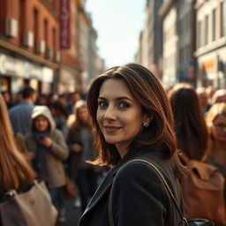 An authentic moment showcasing a bustling crowd walking past the camera, with a brunette business woman in her 40s positioned far away in the middle of the scene