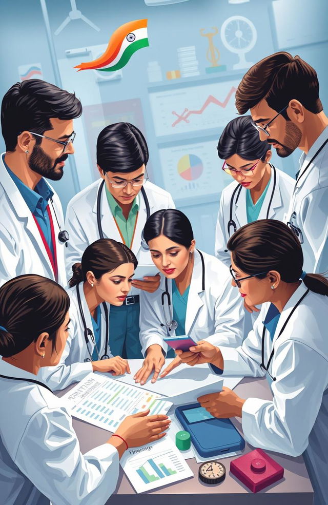 An insightful and informative scene depicting healthcare professionals in India navigating a complex financial landscape