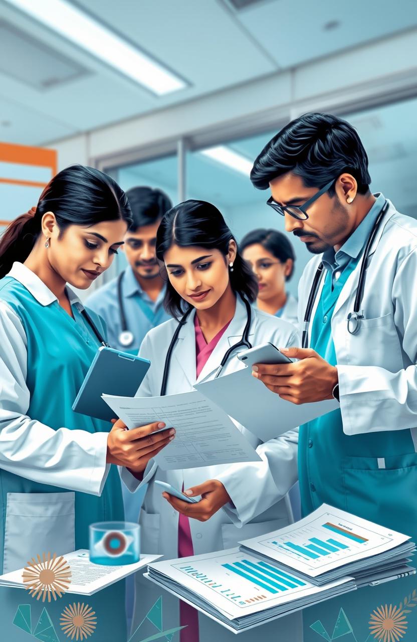 An insightful and informative scene depicting healthcare professionals in India navigating a complex financial landscape