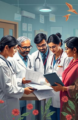 An insightful and informative scene depicting healthcare professionals in India navigating a complex financial landscape