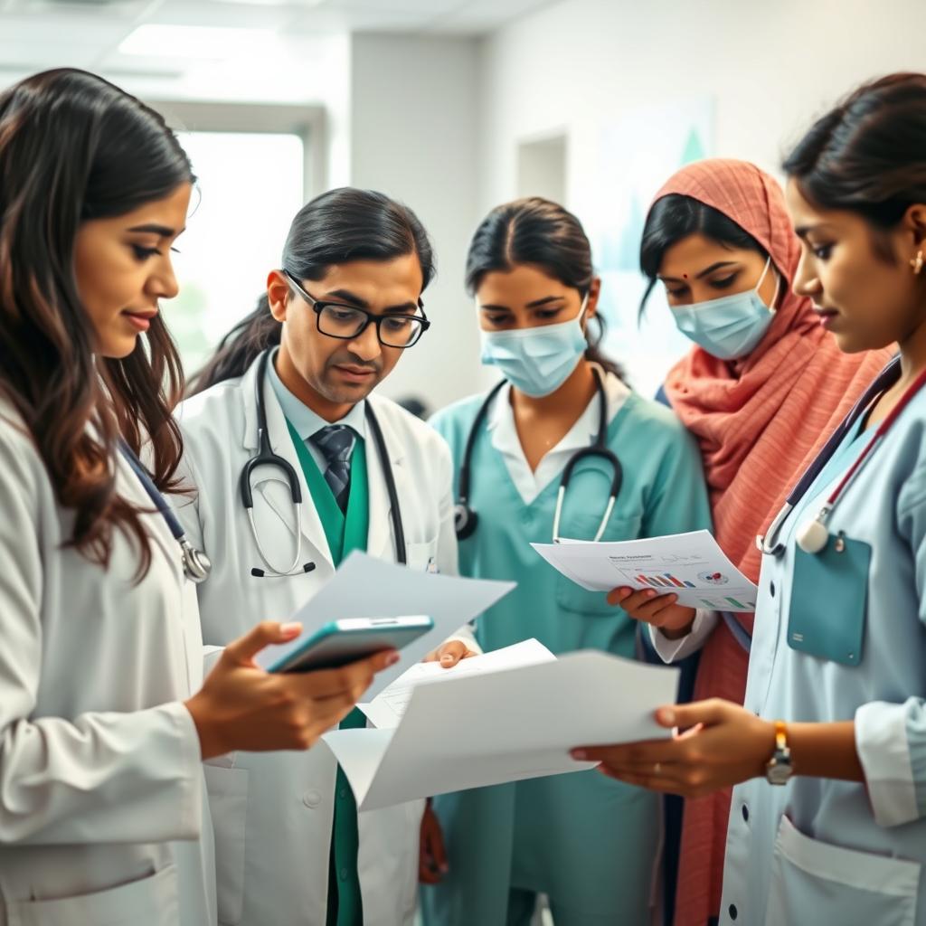 An educational and engaging scene showcasing healthcare professionals in India navigating the financial landscape of healthcare