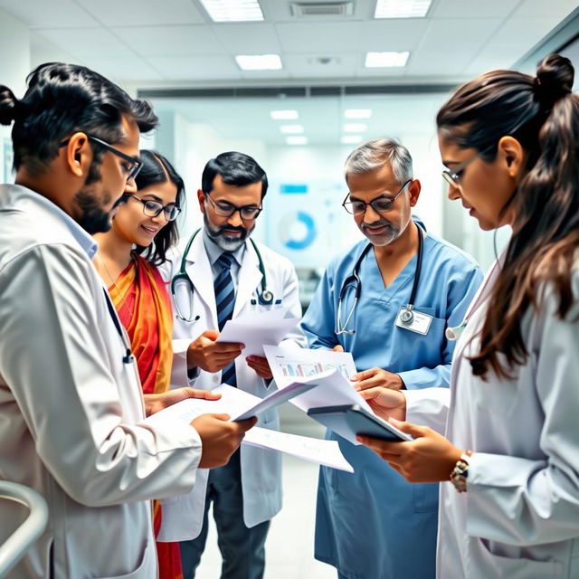 An educational and engaging scene showcasing healthcare professionals in India navigating the financial landscape of healthcare