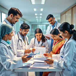 An educational and engaging scene showcasing healthcare professionals in India navigating the financial landscape of healthcare