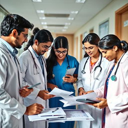 An educational and engaging scene showcasing healthcare professionals in India navigating the financial landscape of healthcare
