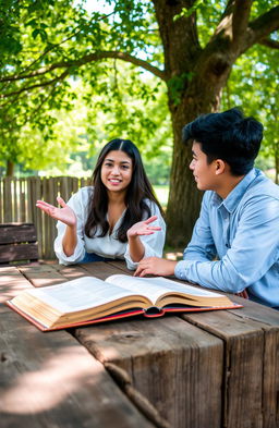 An old book resting on a rustic wooden table, with two friends, Dara and Bima, engaged in a lively conversation