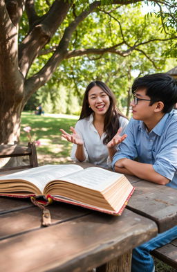 An old book resting on a rustic wooden table, with two friends, Dara and Bima, engaged in a lively conversation
