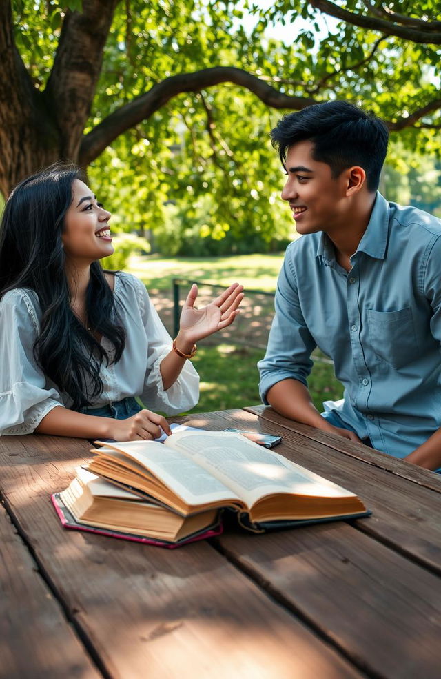 An old book resting on a rustic wooden table, with two friends, Dara and Bima, engaged in a lively conversation