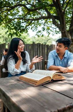 An old book resting on a rustic wooden table, with two friends, Dara and Bima, engaged in a lively conversation