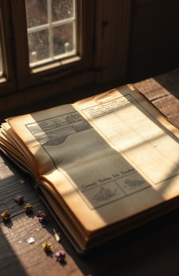 A vintage old book lying open on a rustic wooden table