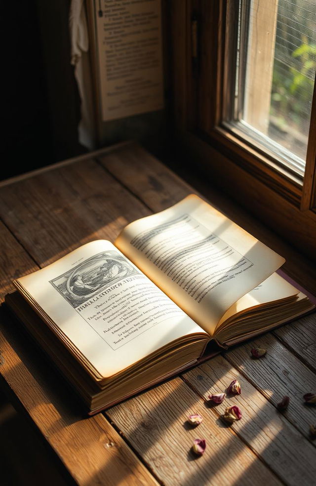 A vintage old book lying open on a rustic wooden table