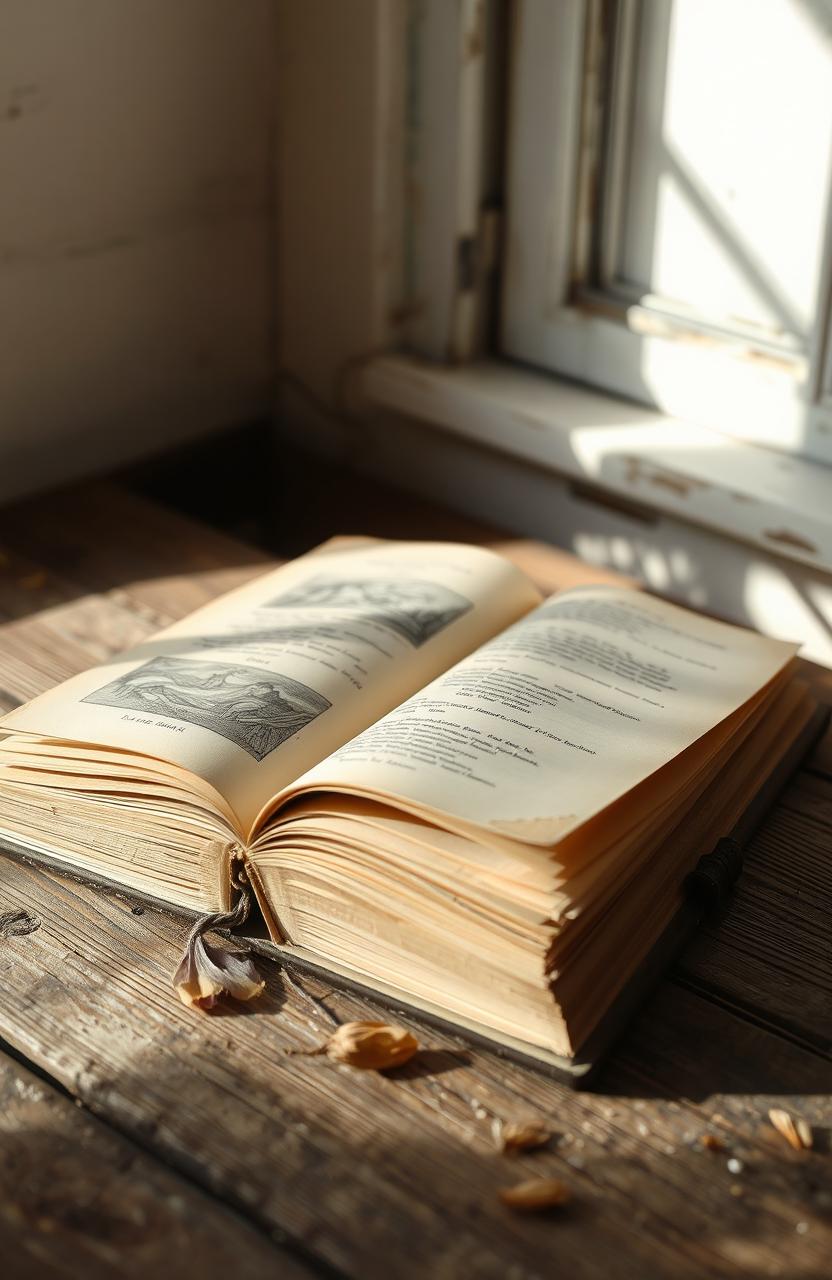 A vintage old book lying open on a rustic wooden table