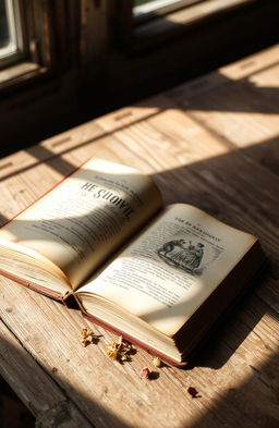 A vintage old book lying open on a rustic wooden table