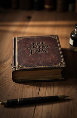 An old closed book resting on a wooden table, with a rich texture to the wood