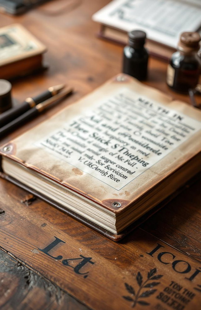 An old closed book resting on a wooden table, with a rich texture to the wood