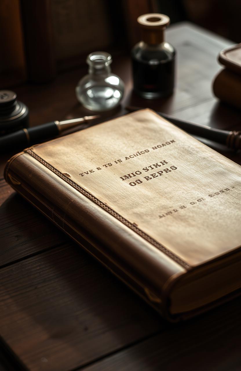 An old closed book resting on a wooden table, with a rich texture to the wood