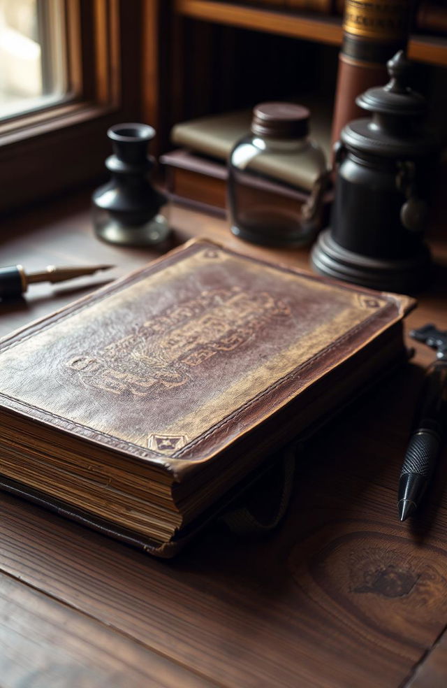 An old closed book resting on a wooden table, with a rich texture to the wood