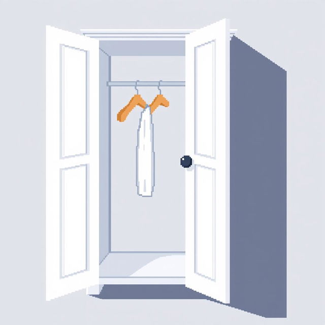 A 2D pixel art illustration showcasing a top-down view of a small white wardrobe designed for clothes