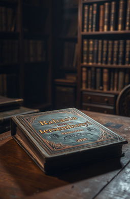 An old, closed book resting on a wooden table, titled 'Rahasia Tersembunyi', with intricate gold lettering on the cover