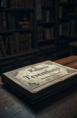An old, closed book resting on a wooden table, titled 'Rahasia Tersembunyi', with intricate gold lettering on the cover