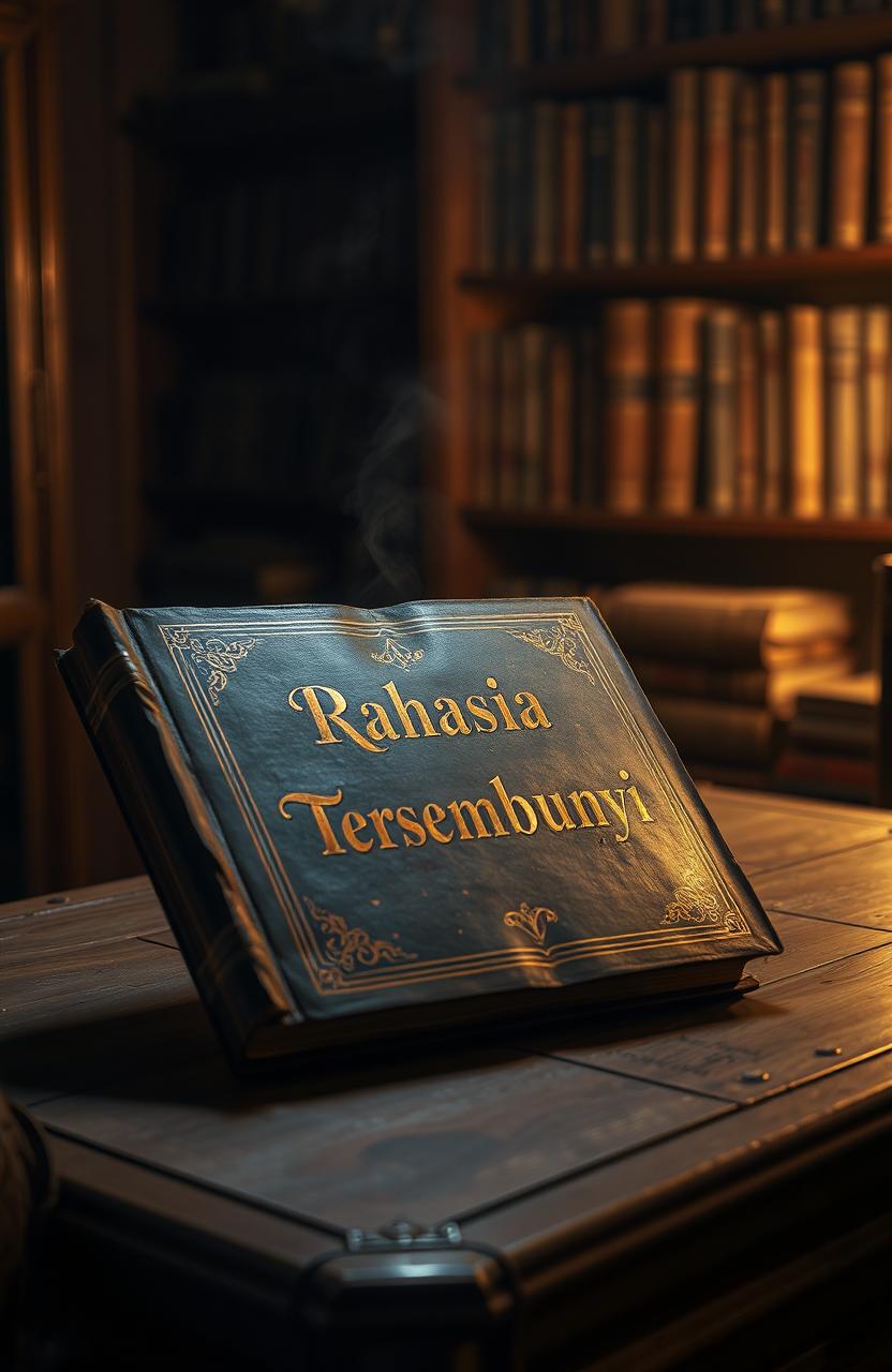 An old, closed book resting on a wooden table, titled 'Rahasia Tersembunyi', with intricate gold lettering on the cover