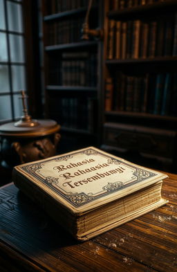 An old, closed book resting on a wooden table, titled 'Rahasia Tersembunyi', with intricate gold lettering on the cover