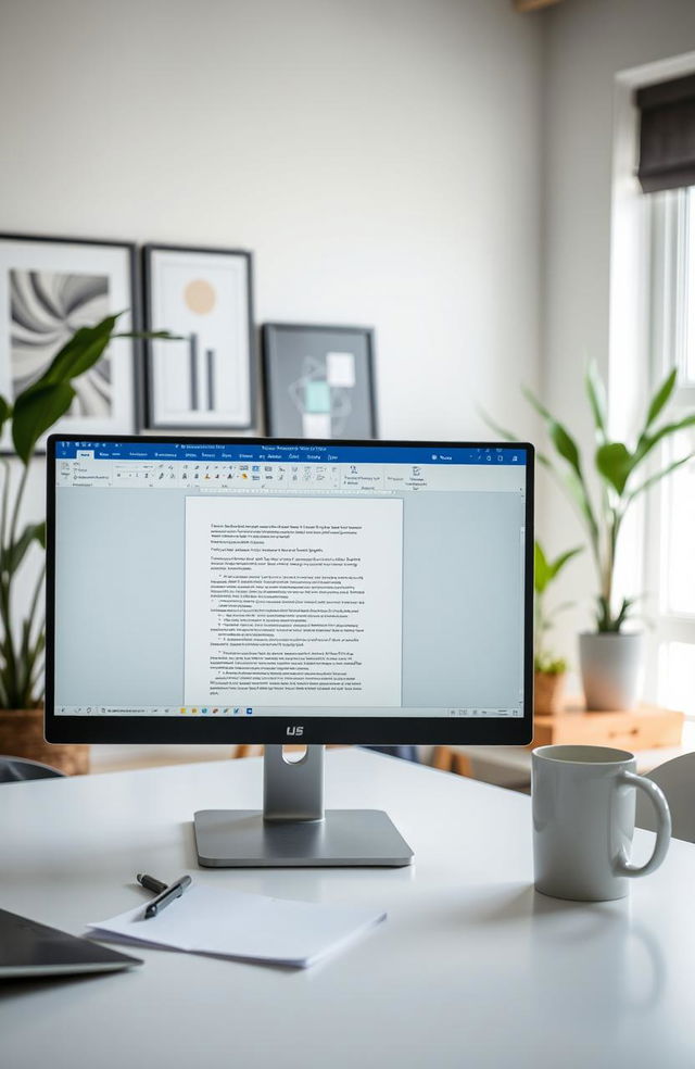 A modern workspace featuring a computer screen displaying Microsoft Word with an open document