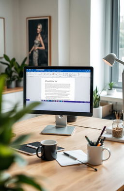 A modern workspace featuring a computer screen displaying Microsoft Word with an open document
