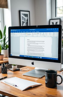 A modern workspace featuring a computer screen displaying Microsoft Word with an open document