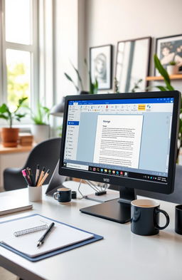 A modern workspace featuring a computer screen displaying Microsoft Word with an open document