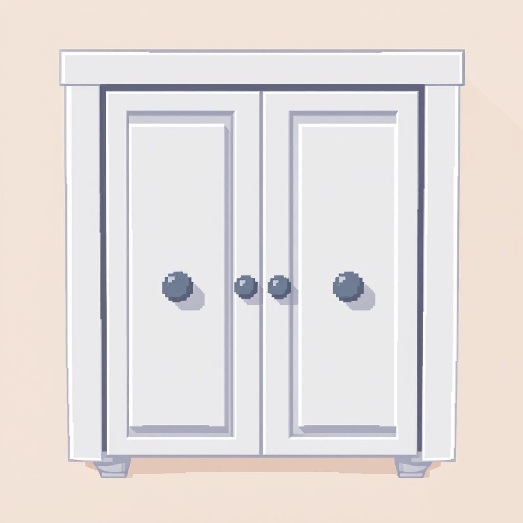 A 2D pixel art illustration showcasing a top-down view of a small white wardrobe designed for clothes