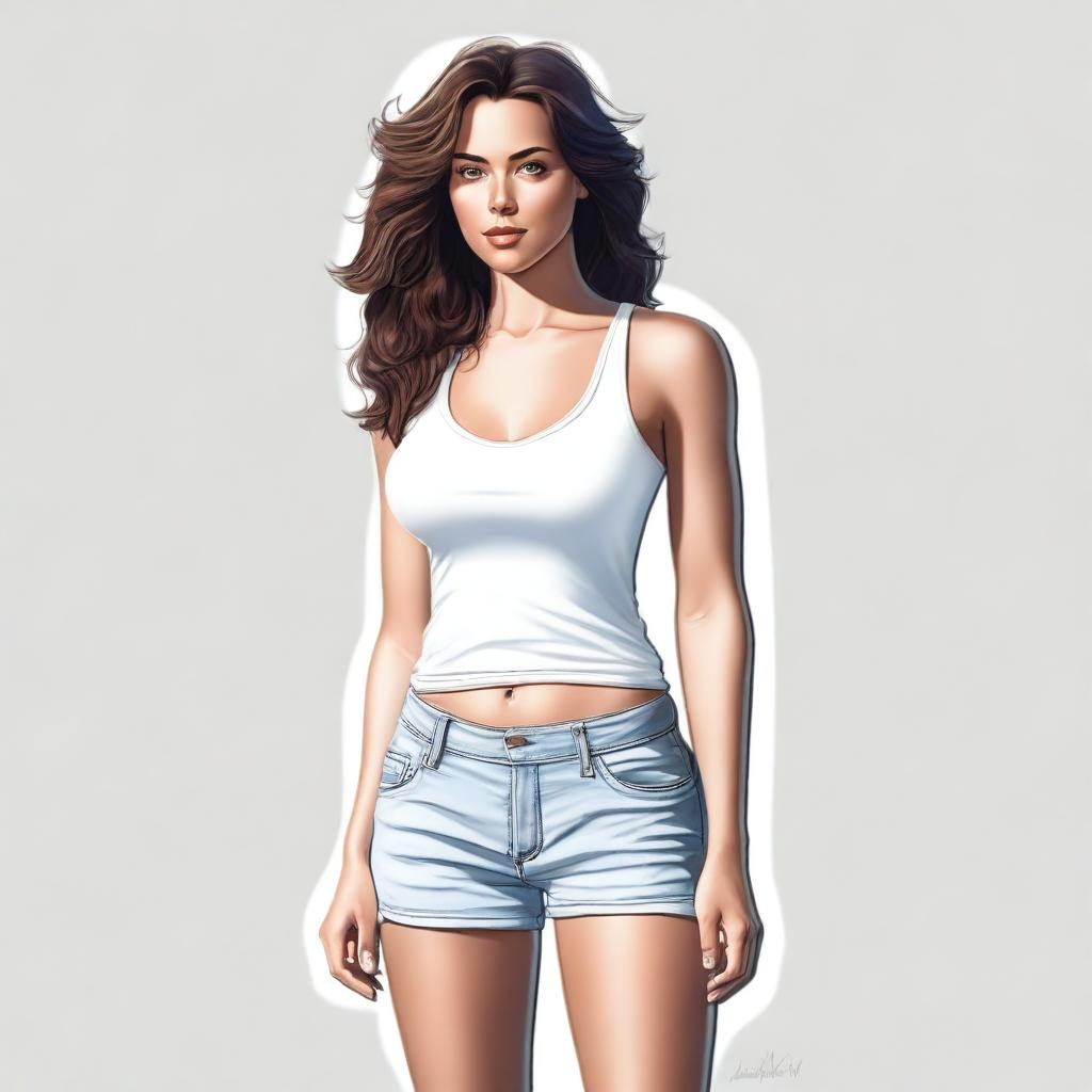 A high-quality digital art piece showcasing a brunette woman with very wide hips and thicker legs, now attired in a tight white tank top