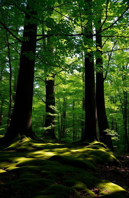 A serene forest landscape with towering trees, lush green foliage, dappled sunlight filtering through the branches, a carpet of soft moss covering the ground, and a gentle breeze causing the leaves to rustle softly