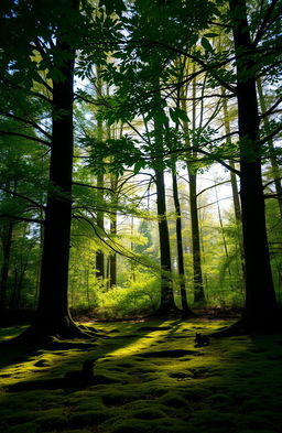 A serene forest landscape with towering trees, lush green foliage, dappled sunlight filtering through the branches, a carpet of soft moss covering the ground, and a gentle breeze causing the leaves to rustle softly