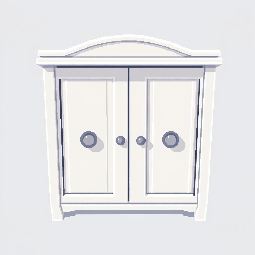 A 2D pixel art illustration from a top view perspective of a small white wardrobe designed for clothes