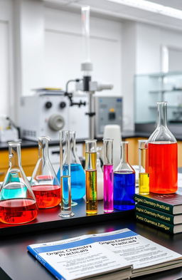 A beautifully arranged organic chemistry laboratory scene showcasing various practical experiments