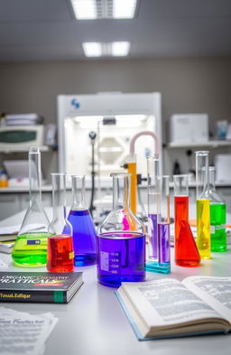 A beautifully arranged organic chemistry laboratory scene showcasing various practical experiments