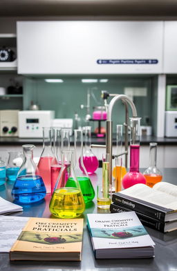 A beautifully arranged organic chemistry laboratory scene showcasing various practical experiments