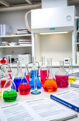 A beautifully arranged organic chemistry laboratory scene showcasing various practical experiments