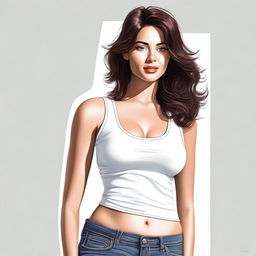 A high-quality digital art piece showcasing a brunette woman with very wide hips and thicker legs, now attired in a tight white tank top